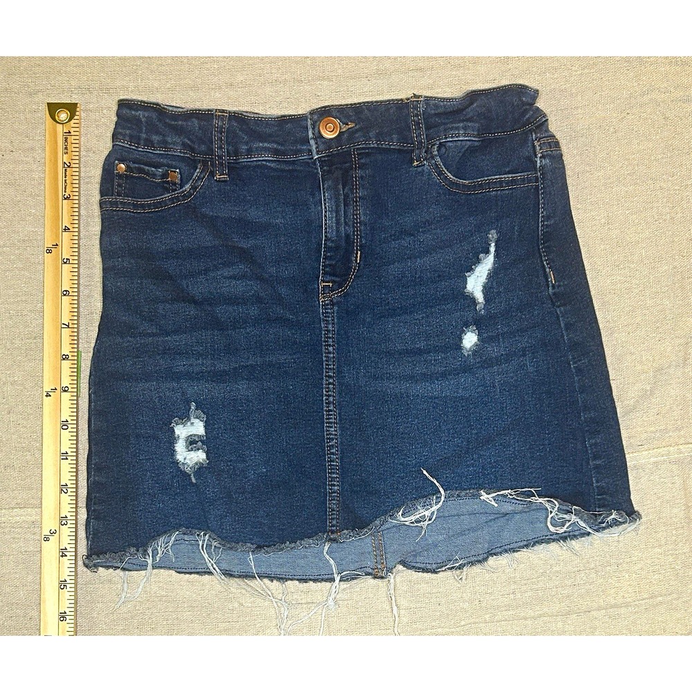 Wonder Nation Girls Blue Denim Mini Skirt 10-12 Distressed Frayed Hem Pockets